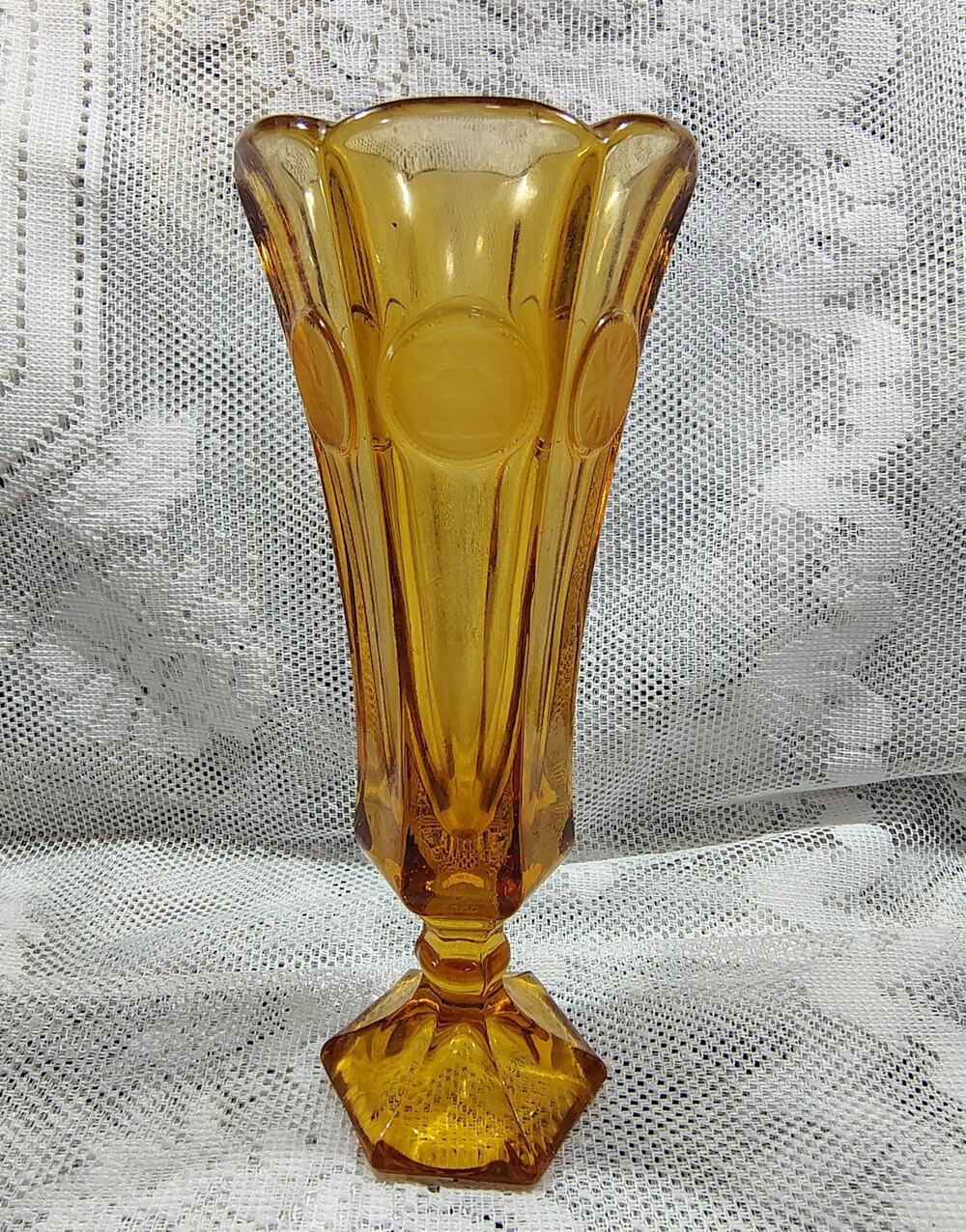 Vintage Fostoria Amber Coin Glass 8" High Footed Vase